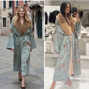 Zara Embroidered Satin Kimono in Sage Green / Robin’s Egg Blue